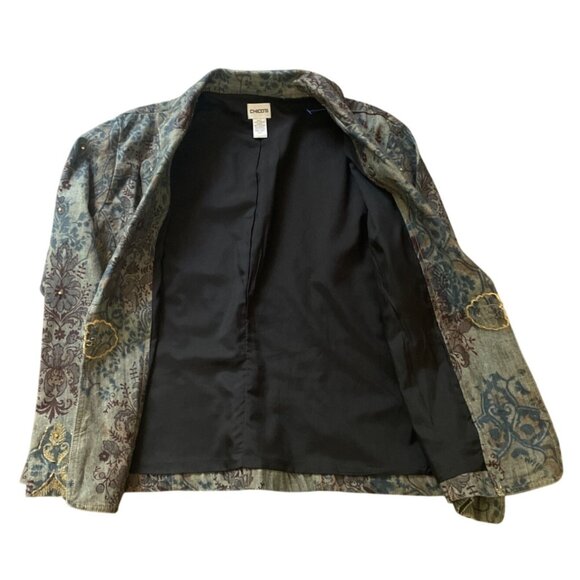 Chicos Embellished Denim Jacket Size 2 Floral Print Beaded Boho Festival - Picture 5 of 7